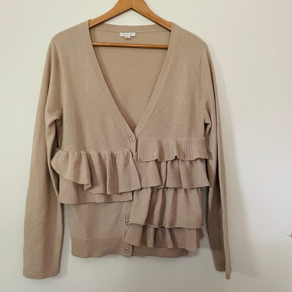 Garnet Hill Wool Ruffle Cardigan M Tan Sweater Indie Folk Granola Preppy Boho